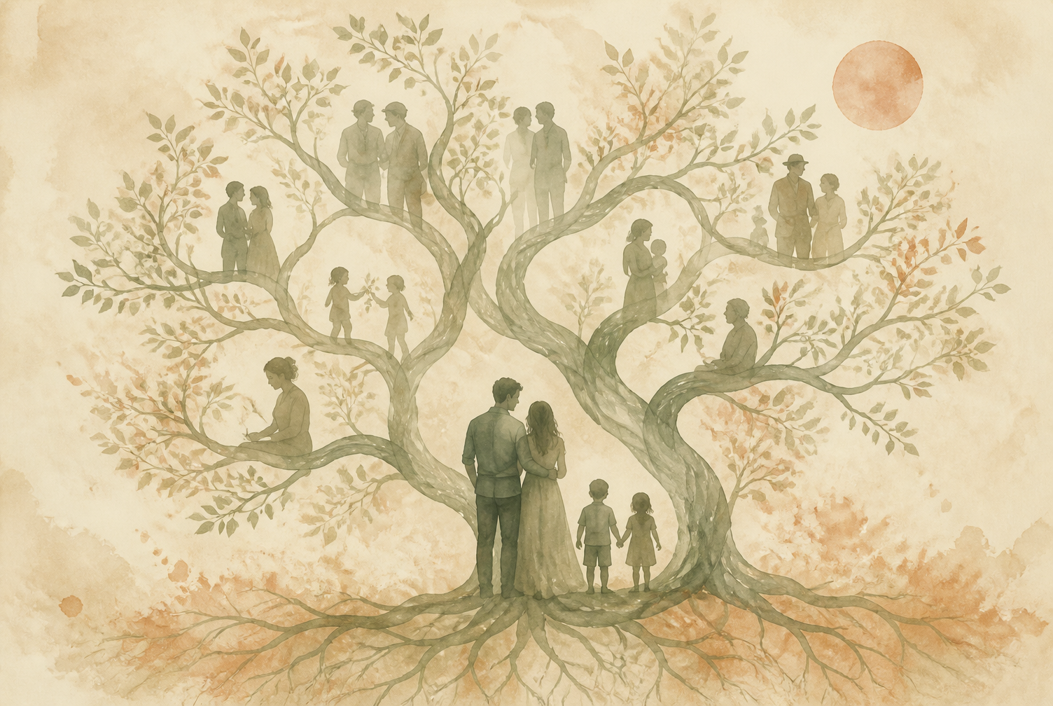Arbre généalogique illustré aux racines vertes avec les silhouettes de plusieurs générations